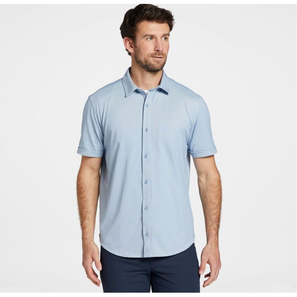 VRST Men's Refined Knit Short Sleeve Button Up Collared Shirt muted denim S NWT